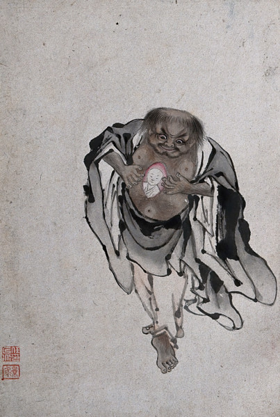 A Chinese man standing revealing a portrait of a man within his chest, (between 1800 and 1899?). Creator: Unknown.