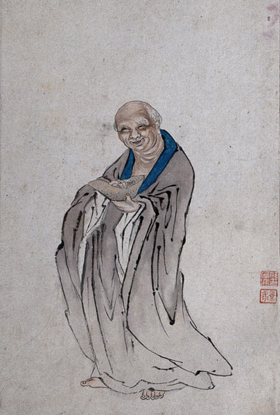 A Chinese man standing holding a long bowl with raised ends, (between 1800 and 1899?). Creator: Unknown.
