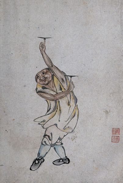 A Chinese man spinning plates on his index fingers, (between 1800 and 1899?). Creator: Unknown.