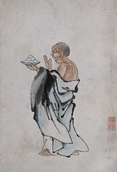A Chinese man holding cakes on a tray, (between 1800 and 1899?). Creator: Unknown.