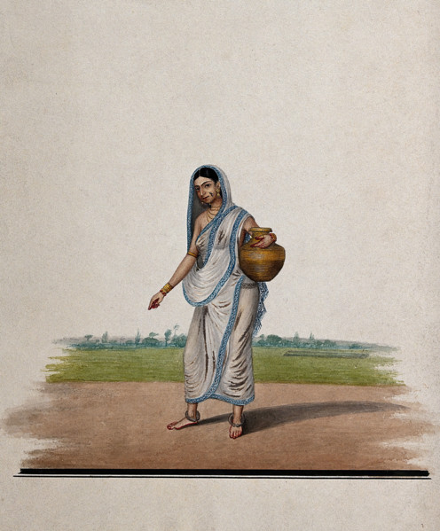 A woman carrying a brass utensil, (between 1800 and 1899?). Creator: Unknown.