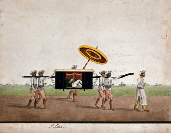 An European man relaxing and reading a book in a palkee carried by four men, (between 1800 & 1899?). Creator: Unknown.