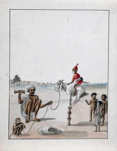 A man conducting a monkey show on the street, watched by some children, (between 1800 and 1899?). Creator: Unknown.