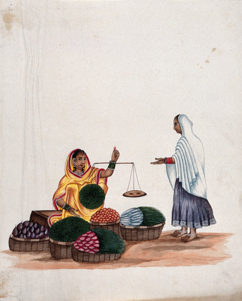 A woman weighing vegetables for a female customer, (between 1800 and 1899?). Creator: Unknown.