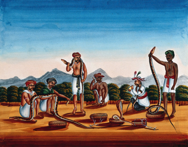 Six snake charmers displaying their snakes, (between 1800 and 1899?). Creator: Unknown.