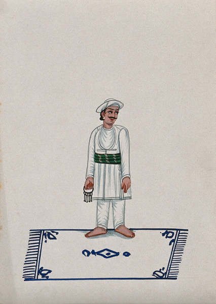 A servant standing on a carpet holding a bunch of keys, (between 1800 and 1899?). Creator: Unknown.