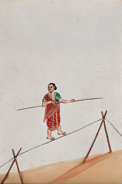 A woman acrobat holding a long stick and walking the tight rope, (between 1800 and 1899?). Creator: Unknown.