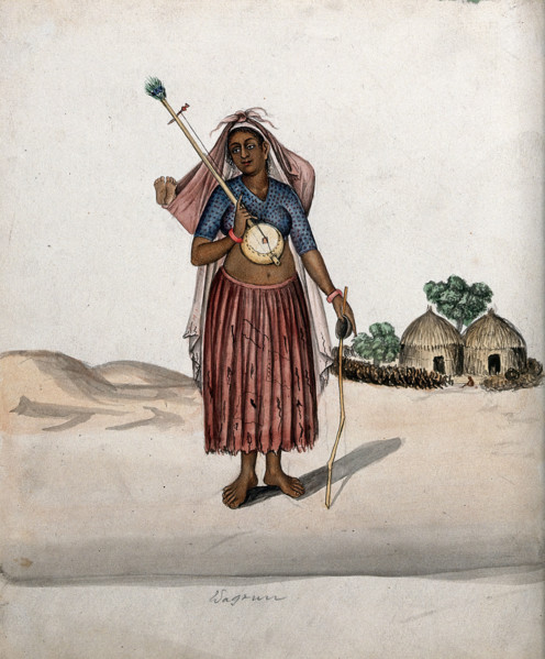 A village woman carrying a musical instrument in one hand, a stick with..., (between 1800 and 1899?) Creator: Unknown.