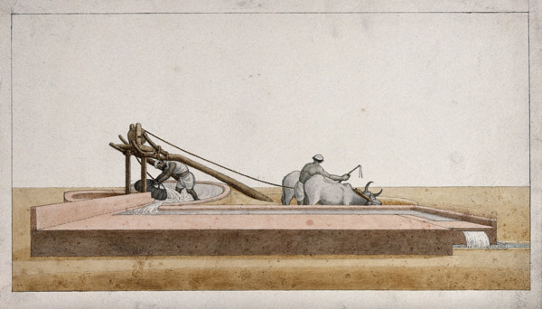 Two men drawing water from a well to channel into the fields, (between 1800 and 1899?). Creator: Unknown.