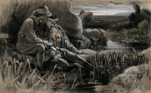 Boer War: wounded soldiers awaiting for medical help in the cold and damp, 1899. Creator: Lance Calkin.