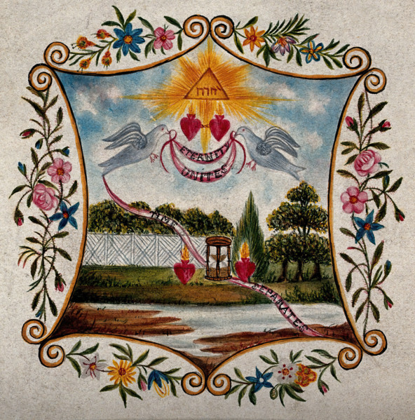 Two Sacred Hearts in a landscape, united by two doves, separated by an hour glass. Creator: Unknown.
