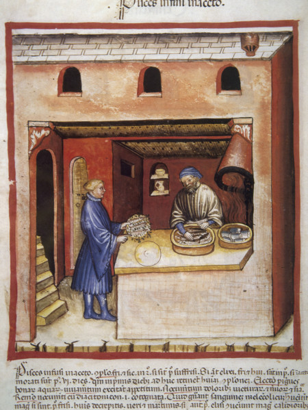 Man marinating fish in vinegar, 14th century.  Creator: Unknown.