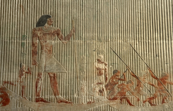 Relief detail  of hunting scene before Ti standing on a ship, Mastaba of Ti, Egypt,  2003. Creator: Unknown.