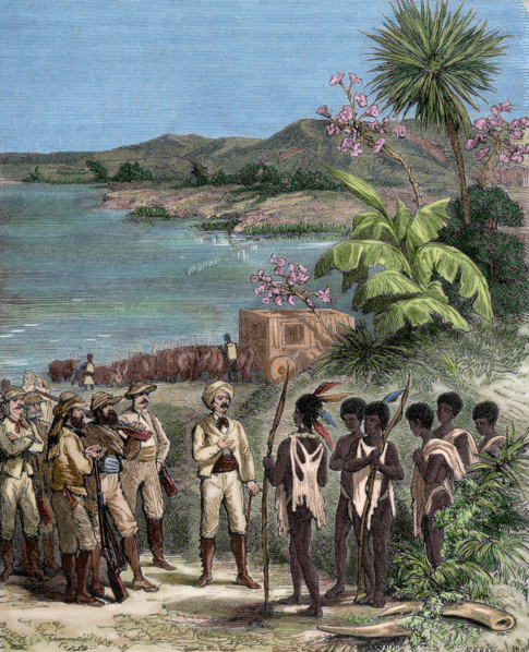 Henry Morton Stanley and David Livingstone in Africa, 19th century.  Creator: Unknown.