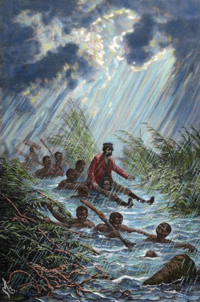 David Livingstone is carried through a swamp during his expedition to Africa in 1872.  Creator: Charles Laplante.