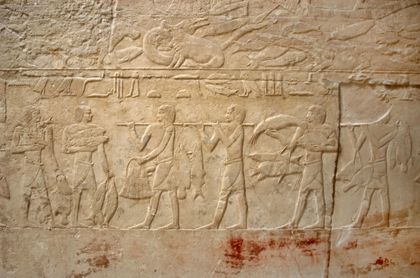 Carrying the fishing, polychrome relief, Mastaba of Kagemni, Saqqara, Egypt, Old Kingdom (2003). Creator: Unknown.