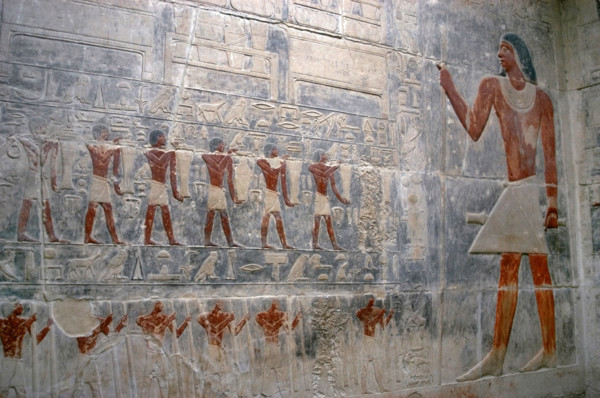 Offering bearers and deceased's portrait, polychrome relief, Mastaba of Kagemni, Saqqara,Egypt, 2003 Creator: Unknown.