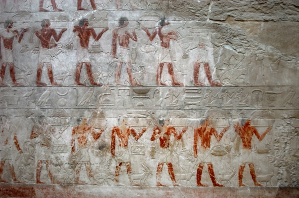 Offering bearers, polychrome relief, Mastaba of Kagemni, Saqqara, Egypt, 2350 BC (2003). Creator: Unknown.
