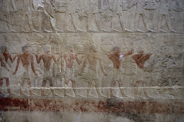 Offering bearers, polychrome relief, Mastaba of Kagemni, Saqqara, Egypt, 2350 BC (2003). Creator: Unknown.