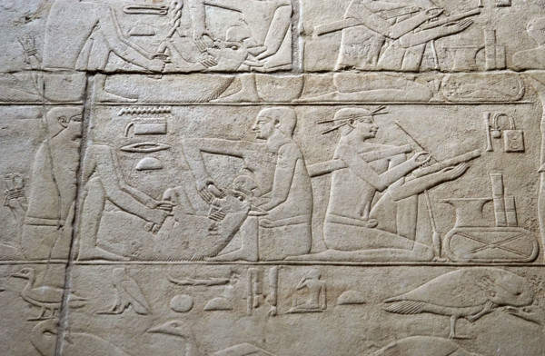 Feeding a cow and scribe relief, Mastaba of Kagemni, Saqqara, Egypt, 2350 BC (2003). Creator: Unknown.