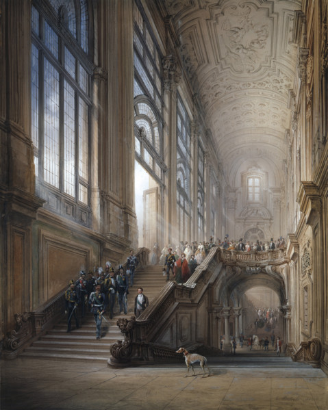 King Victor Emanuel II, Camillo Benso Count of Cavour with entourage on the steps of the..., 1853. Creator: Bossoli, Carlo (1815-1884).