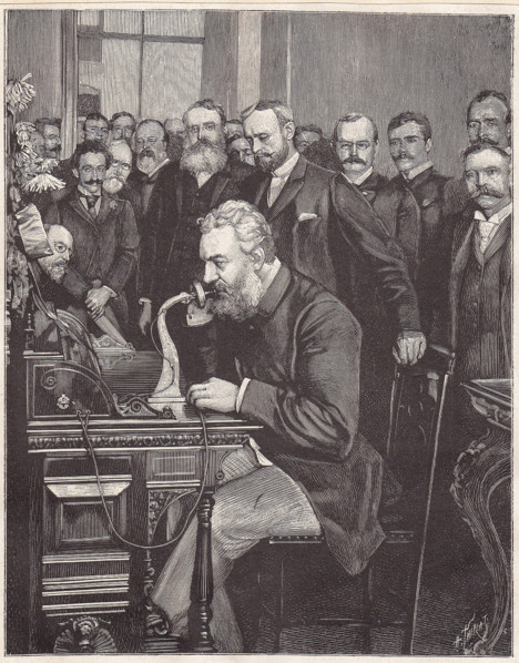Graham Bell inaugurates the new telephone line from New York to Chicago, 1892. Creator: Thiriat, Henri (1843-1926).