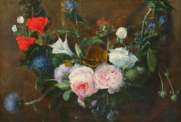 Flower garland with roses and thistles, 17th century. Creator: Hecke, Jan van den (1620-1684).