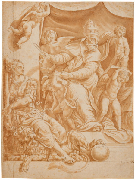 Pope Sylvester with surrounding putti and Allegory of Fortitude. Creator: Romano, Giulio, (after)  .
