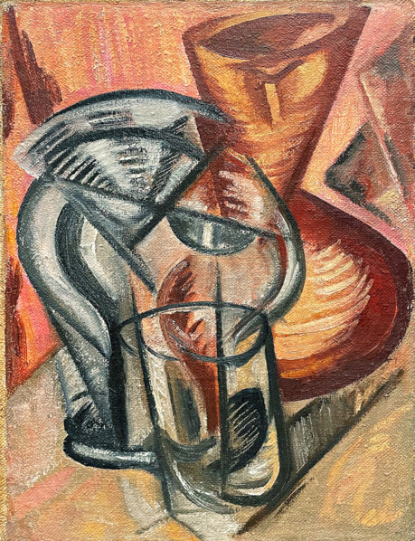 Ceramic vase and glass vessels, Early 1910s. Creator: Rozanova, Olga Vladimirovna (1886-1918).