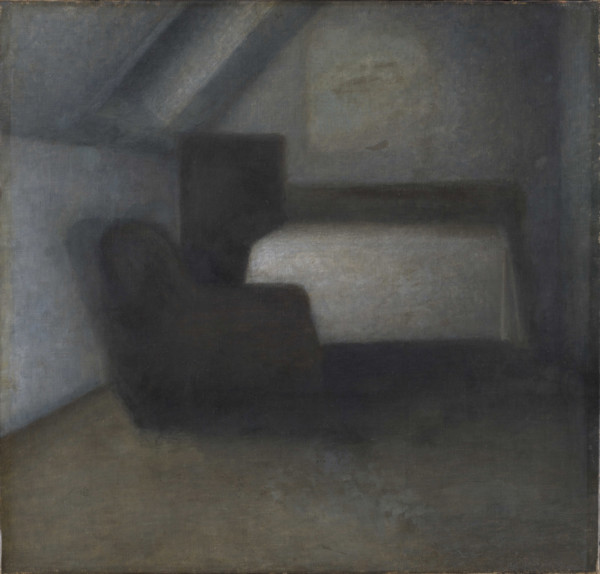 Attic room with table and chair. Creator: Hammershøi, Vilhelm (1864-1916).