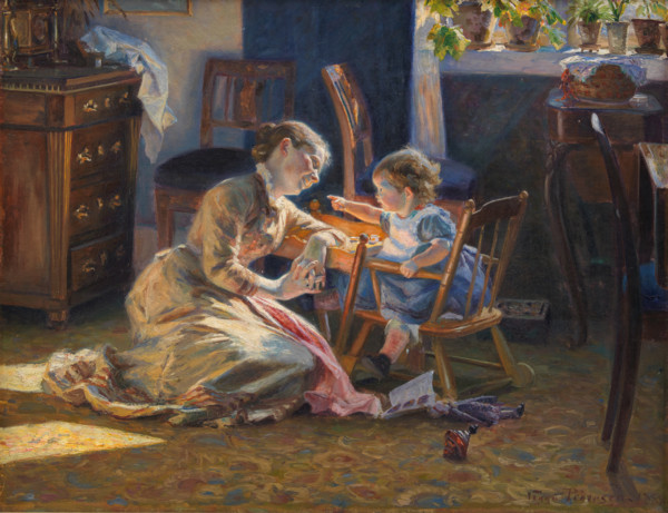 Sunshine in the Living Room. The Artist's Wife and Child, 1888. Creator: Pedersen, Viggo Christian Frederik Vilhelm (1854-1926).