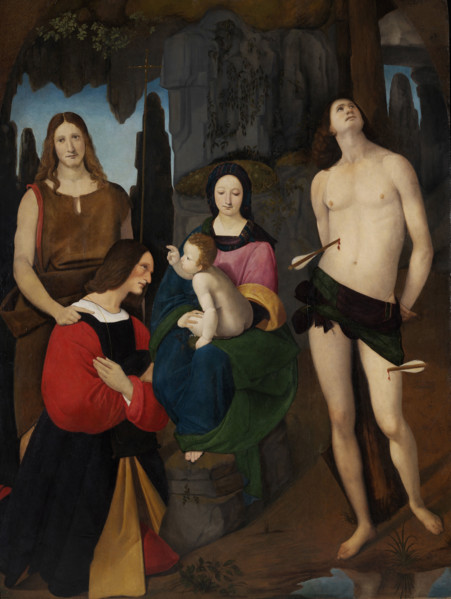 Madonna and Child with Saint John the Baptist, Saint Sebastian and Donor Bassiano Da Ponte, c.1508. Creator: Boltraffio, Giovanni Antonio (1467-1516).