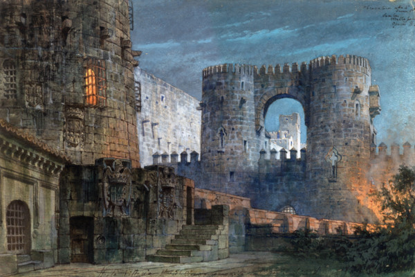 The fortress Castellor. Stage design for the opera Il trovatore by Giuseppe Verdi, 1902. Creator: Rota, Vittorio (1864-?).