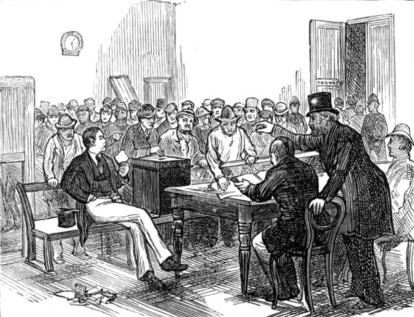 Metropolitan Boroughs election sketches: working men voting during the dinner hour, 1874. Creator: Unknown.