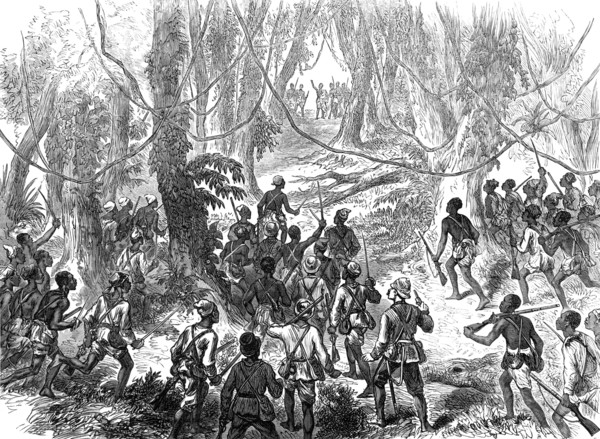 Lord Gifford and...scouts on the Adansi Hills warned by an Ashantee priest not to go forward, 1874. Creator: Unknown.
