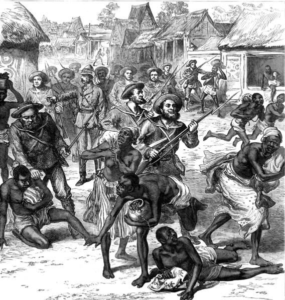 The Ashantee War: the Naval Brigade clearing the streets of Coomassie, by our special artist, 1874. Creator: Unknown.