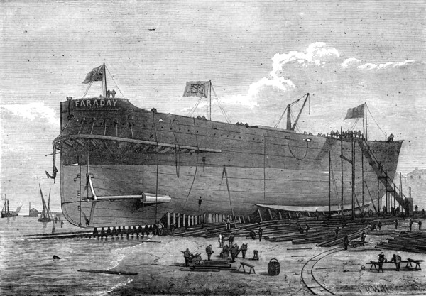 Launch of the Faraday, telegraph cable ship, 1874. Creator: Josiah Robert Wells.