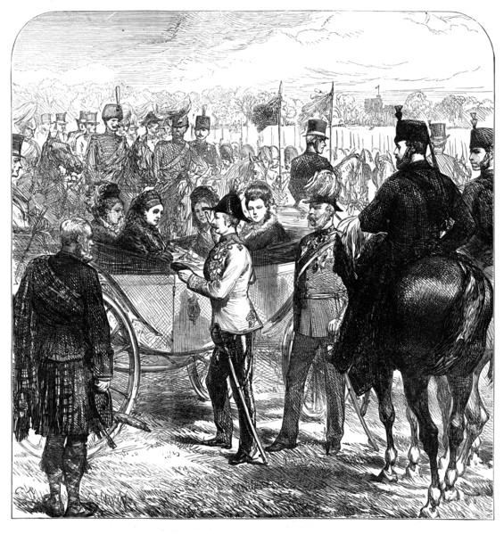 Review at Windsor: the Queen presenting the Cross of...St. George to Sir Garnet Wolseley, 1874. Creator: Unknown.
