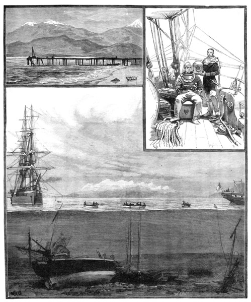 Divers exploring the wreck of H.M.S. Doterel, blown up in the Straits of Magellan, 1881. Creator: William James Palmer.