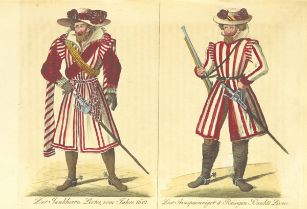 The Junkherrn's livery from 1612; the Ainspaenniger & Raisigen Servants' livery, (1860).  Creator: Unknown.