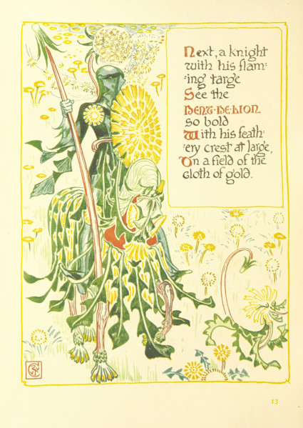 Next, a knight with his flaming targe See the Dent-De-Lion so bold, 1899. Creator: Walter Crane.