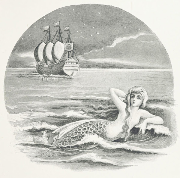 Mermaid and sailing ship, 1888.  Creator: Laura Troubridge.