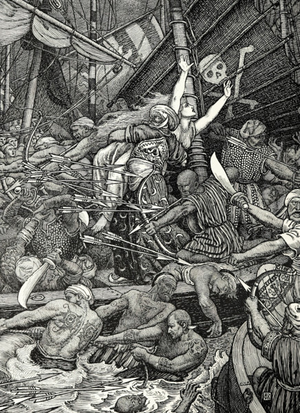 He saw two cities in a thousand boats all fighting for a woman on the sea, 1898. Creators: Louis John Rhead, George Woolliscroft Rhead.