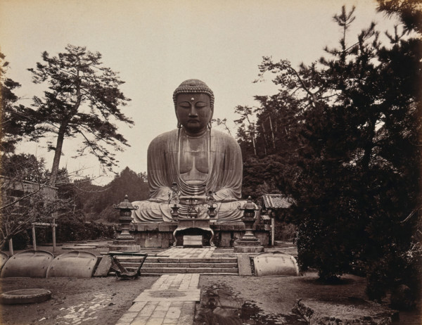 Kamakura, Japan: large statue of "Daibootz" or the "Great Buddha", in wooded country, c1873. Creator: William Pryor Floyd.