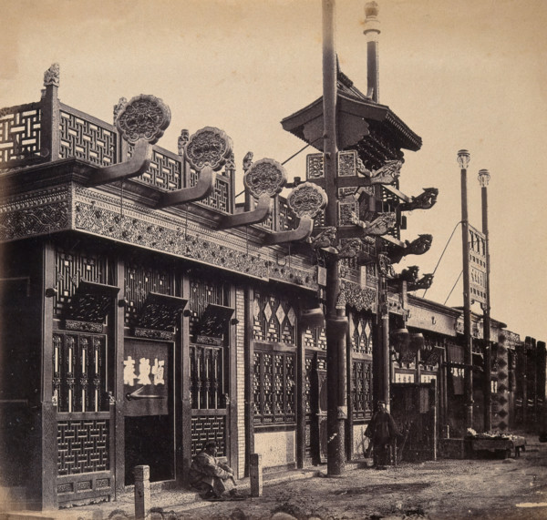 Beijing, China: an ornate shop exterior in the Chinese quarter. Creator: Felice Beato.