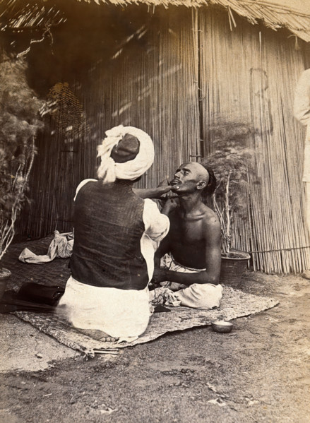 Man being shaved in one of the hospital camps, during the outbreak of bubonic plague..., 1897. Creator: Unknown.