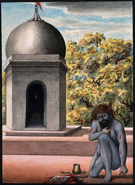 A Hindu ascetic or holy man, performing austerities outside a temple (?), 1880. Creator: Unknown.