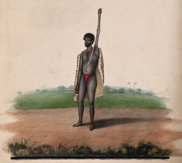 A Hindu ascetic or holy man: standing, with withered left arm raised over his head, and..., 1880. Creator: Unknown.