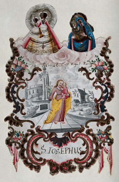 Saint Joseph holding the Christ Child beneath two images of the Virgin and Child. Creator: Unknown.