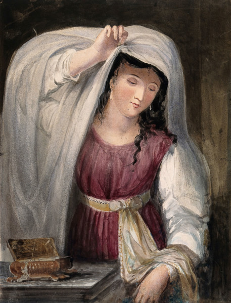 Rebecca admires the clothes and jewellery given to her by Abraham's servant, 1824. Creator: Juliana Howard.